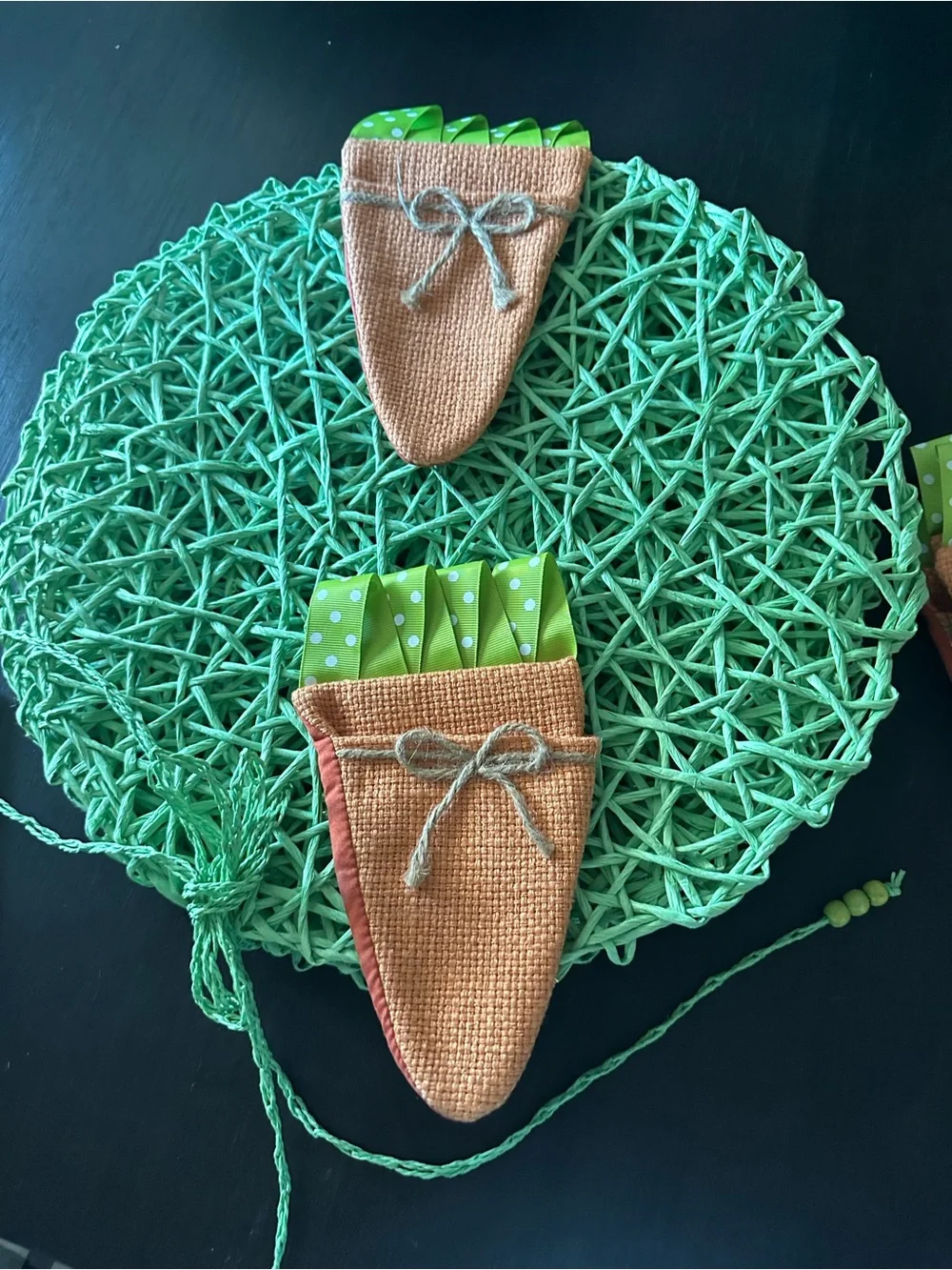 Source Unknown set of 8 bright green placemats and 8 carrot napkin holders